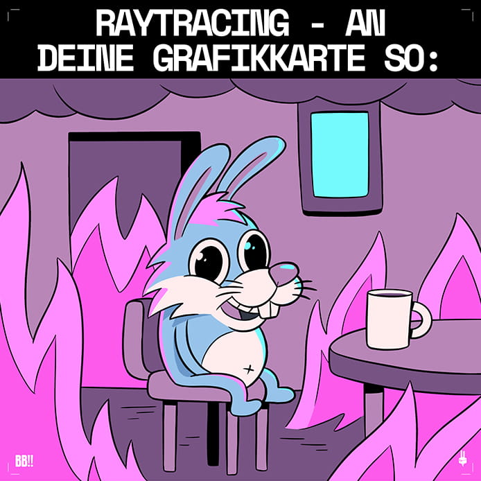 Hase sitzt am Tisch mit Kaffeetasse und Raum brennt