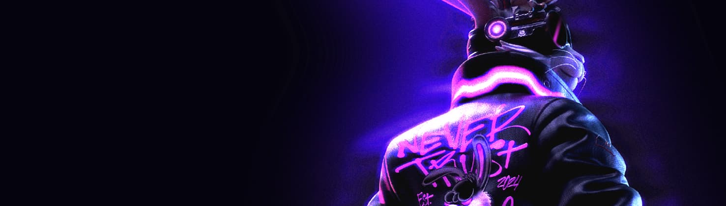 Rückenansicht BreachBunny Hase mit Jacke "Never trust always verify"