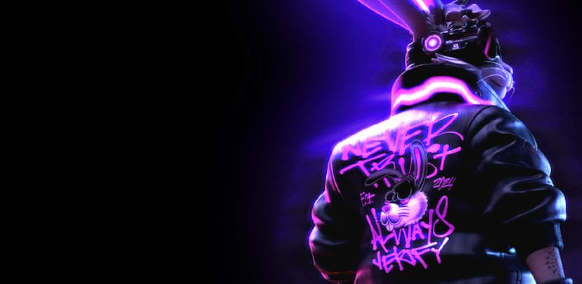 Rückenansicht BreachBunny Hase mit Jacke "Never trust always verify"